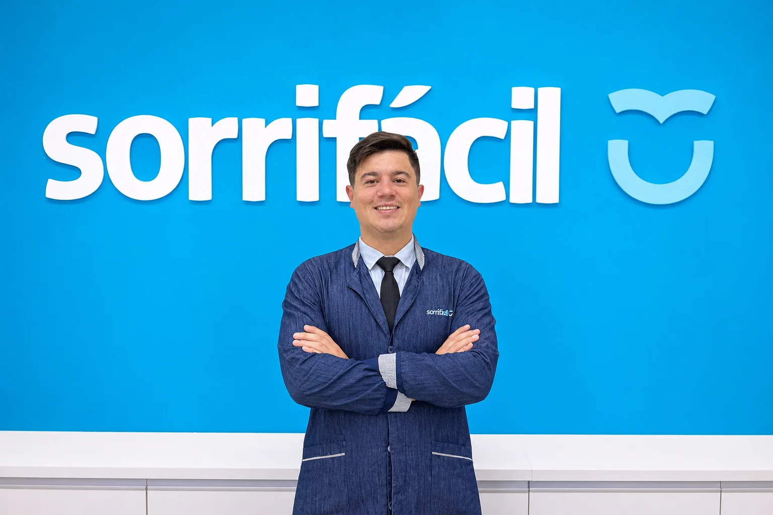 Dentista de Sorrifácil Jaguarão con los brazos cruzados, sonriendo, frente al panel azul con el logo de la clínica